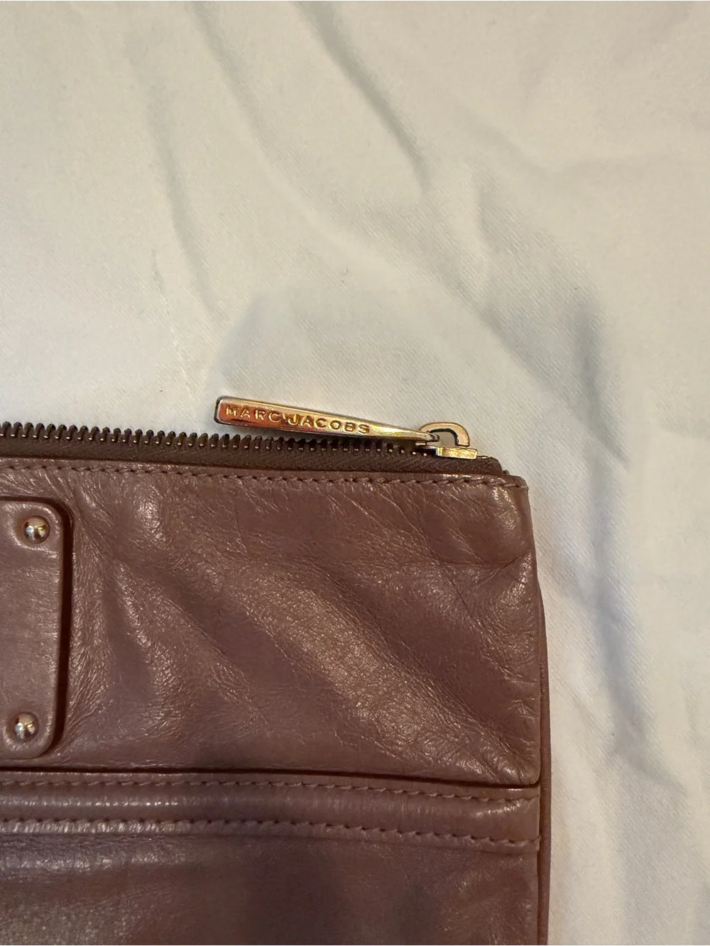 Marc Jacobs Brown Leather Zip Clutch with Gold Hardware